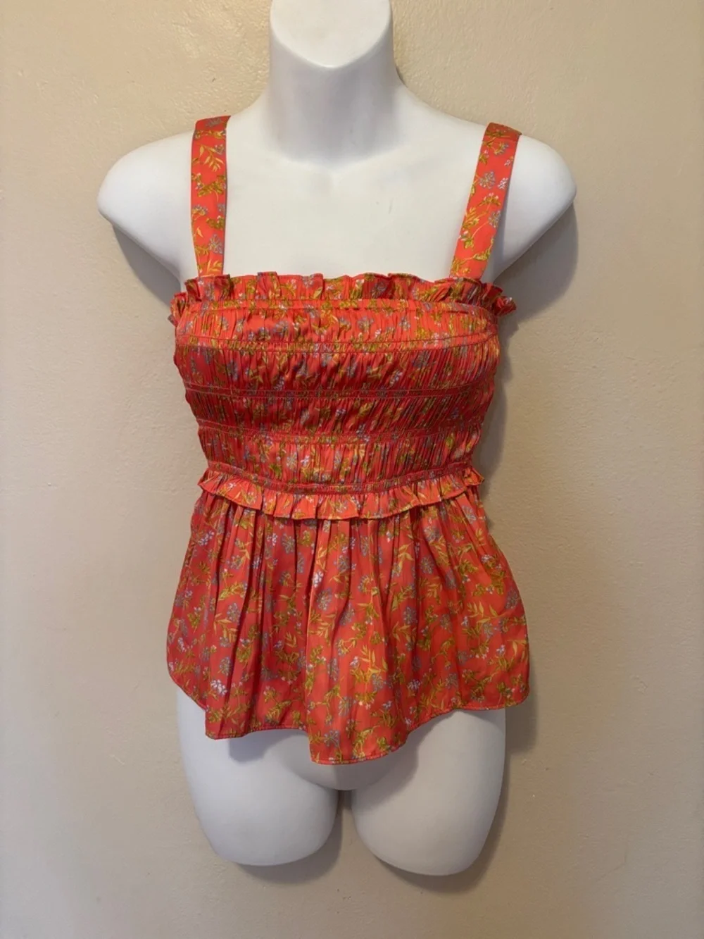 J. Crew Coral Floral Smock-Top Camisole with Ruffle Trim